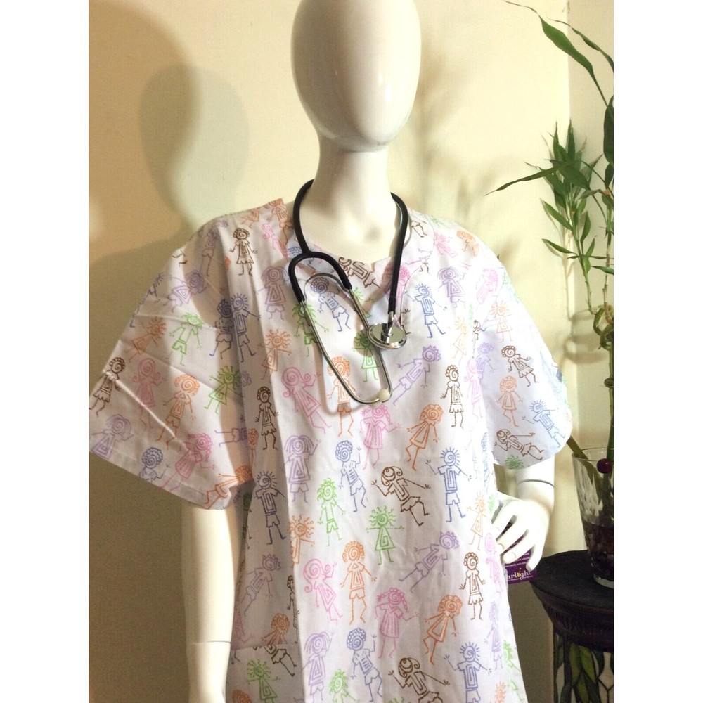 WS Gear Women's V-Neck Children Design Medical Scrub Top Uniform White 2XL